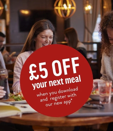A graphic promoting 'save £5 on your next meal when you download and register with our new app.'