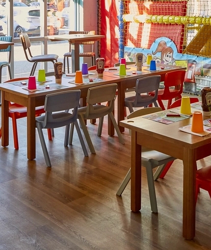 The interior restaurant and seating area for children's parties Wacky Warehouse at the Sovereigns.