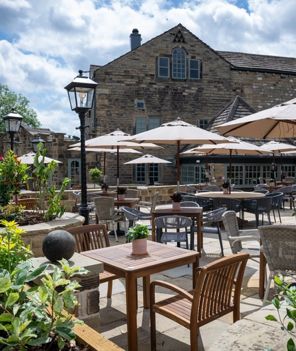 The exterior beer garden and seating area at the Old Mill.