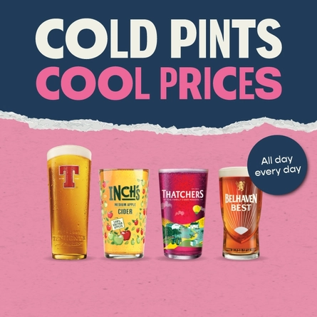 A graphic promoting 'cold pints cool prices' for Pub and Social.