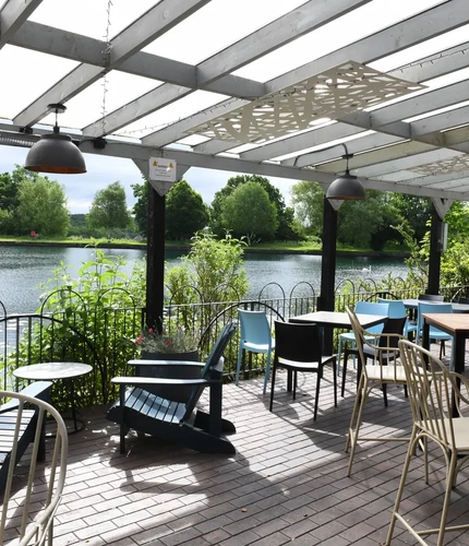 Exterior beer garden and seating area by the water