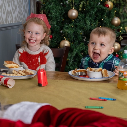 Two children seated at a wooden table with plated meals.   A man dressed as Santa Claus is sat opposite them,. There is a decorated Christmas tree behind them.