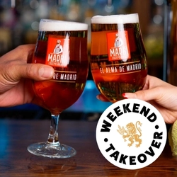 A banner of two pints of Madri in a cheers position with a 'Weekend takeover' logo for Greene King Belhaven venues.