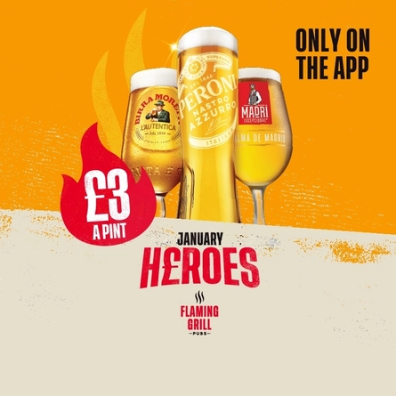 A banner showing glasses of Birra Moretti, Peroni, and Madri, advertising pints for £3 at Flaming Grill venues.