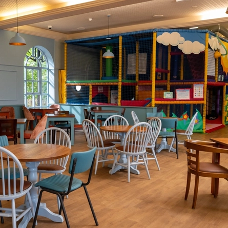The children's seating area and play area at the Wacky Warehouse at The Stanley Ferry.