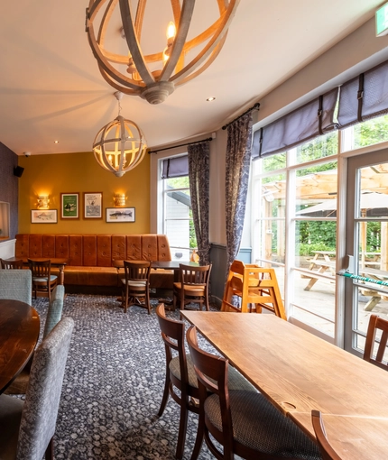 Interior dining area of a pub.