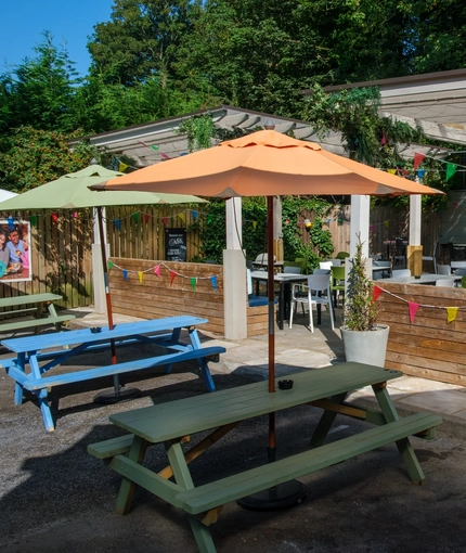 The exterior beer garden seating area with partial covered area and outdoor TV at The Hare & Hounds.