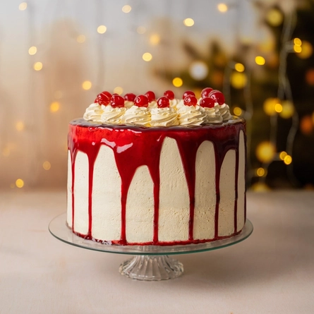 A close up view of a whole Black Forest Cake, dripping with sauce, topped with whipped cream and cherries, and served on a glass cake stand. Fairy lights and a Christmas tree are visible in the background.