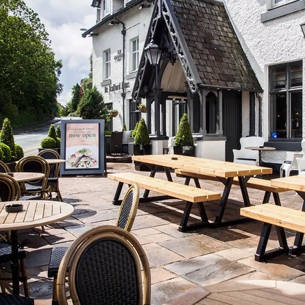 The beer garden of The De Trafford Arms.