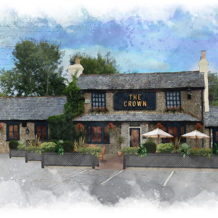 A render of the exterior facade, beer garden and seating area for the Crown.