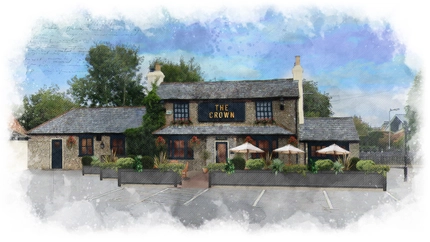 A render of the exterior facade, beer garden and seating area for the Crown.