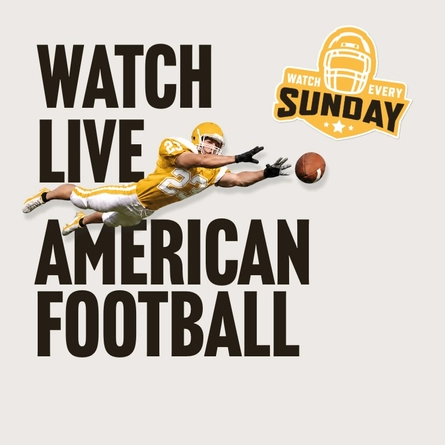 Promotional graphic for live American football featuring the text “Watch Live American Football” and “Watch Every Sunday” on a light grey background. An American football player in a yellow and white uniform dives forward to catch a football, with a helmet-themed logo displayed above.