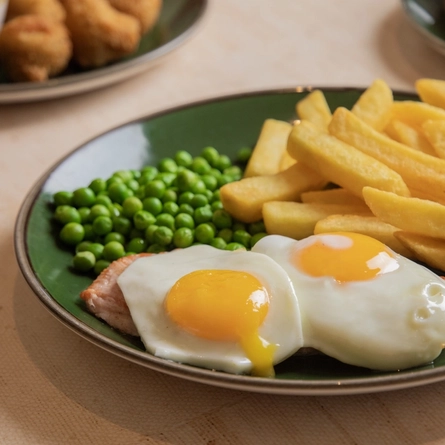 A main of gammon egg and chips served at Farmhouse Inns.