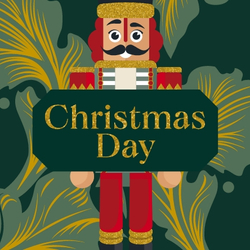 A promo square banner featuring a Christmas Nutcracker figure behind the wording "Christmas Day" to advertise Christmas events at Chef & Brewer venues.