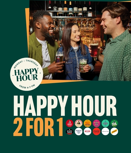 A banner promoting the Happy Hour campaign for selected Greene King Pubs.