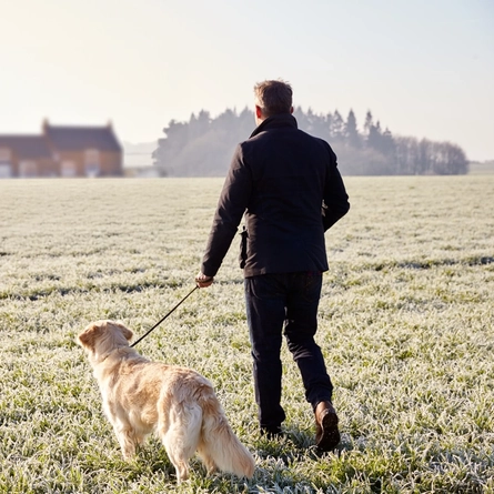 A man walking a dog in a field in winter.