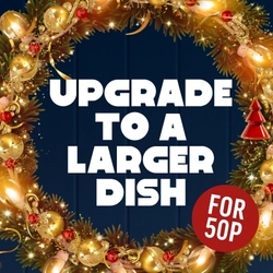 A Christmas graphic banner promoting 'Upgrade to a larger dish for 50p' at Hungry Horse venues.