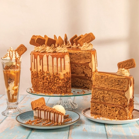 A Biscoff cake on a glass cake stand, slices of Biscoff cake and Biscoff cheesecake served on plates, and a Biscoff sundae served in a sundae glass.