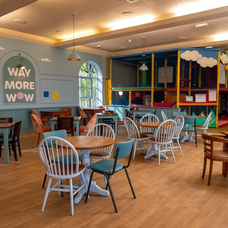 The children's seating area and play area at the Wacky Warehouse at The Stanley Ferry.