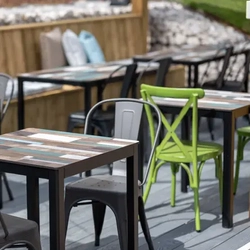 A table and chairs in the beer garden