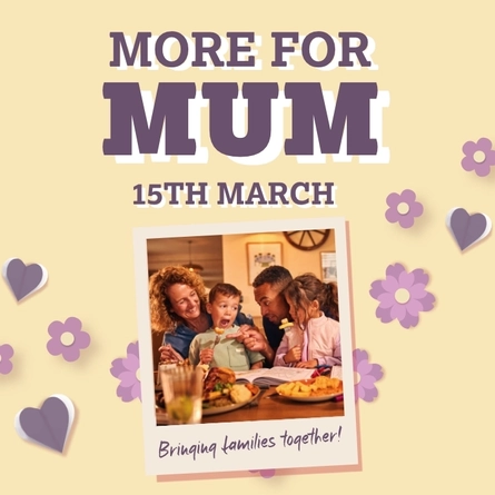 A banner showing a family enjoying mains dishes to advertising Mothers Day at Farmhouse Kitchen venues.