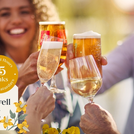 A group of friends clink glasses filled with beer, wine, and prosecco outdoors on a sunny day. Everyone is smiling and celebrating. A promotional graphic in the corner reads: ‘A fiver well spent – £5 drinks. Happiest Hours, Friday & Saturdays,’ decorated with small yellow flowers available at Chef and Brewer venues.