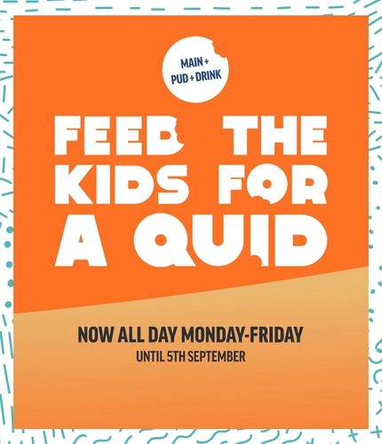 A graphic promoting kids eat for £1 at Hungry Horse venues.