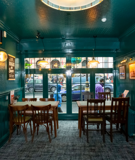 Interior of the pub in the seating area.