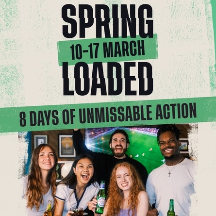 A graphic banner promoting 'Spring loaded, 8 days of unmissable action' for Flaming Grill venues.