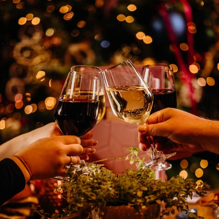a group of people sitting at a table of a pub drinking wine