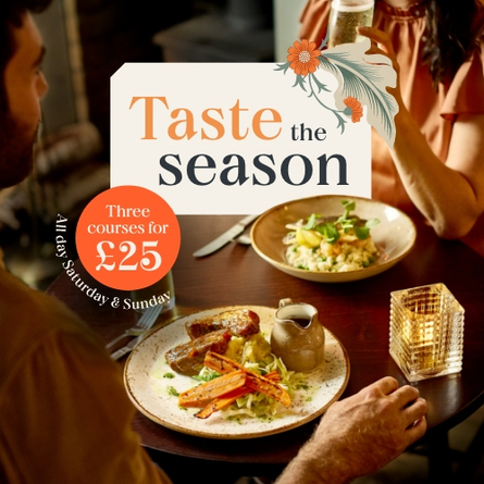 A 1024x500 Static Web Page Header Banner advertising Three Courses For £25 at Chef & Brewer venues.