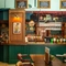 The bar and interior restaurant seating area at the Phoenix, with bar stool seating, wood panelled walls, and glasses hanging in racks above the counter.