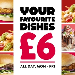 A banner promoting £6 meals at Hungry Horse venues. The banner shows the words "Your favourite dishes £6, all day, Mon - Fri" in between images of nachos, burgers, and a dessert.