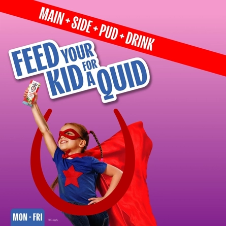 A banner featuring a child dressed as a superhero holding a carton of juice stood behind the Hungry Horse horseshoe logo with the wording "Feed Your Kid For A Quid - Mon-Fri - Main+Side+Pud+Drink" to advertise a promotion at Hungry Horse venues.