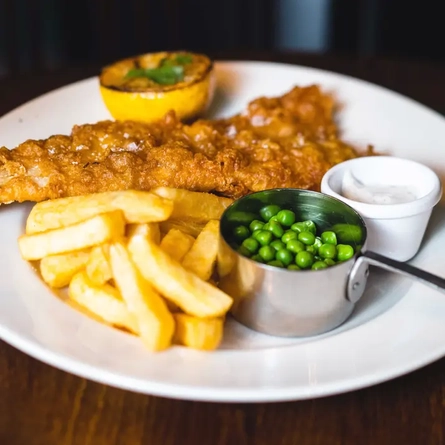 Fish and chips and a glass of white wine