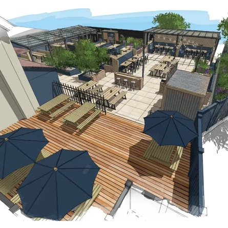 A venue render of the exterior beer garden and seating area for a Pub Partners venue. 
