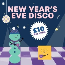 A banner promoting a New Years Eve Disco at Wacky Warehouse venues.