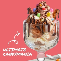 A banner promoting the Ultimate Candymania dessert at Hungry Horse venues. The banner shows a close up view of ice cream served in a dessert glass and topped with multicoloured sweets, chocolate flakes and chocolate sauce.