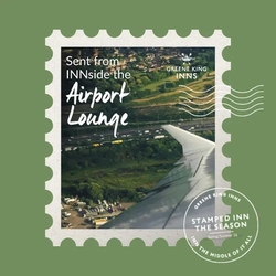 A Hotel Stamps graphic showing an aeroplane wing to advertise locations of Greene King Inns.