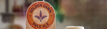 A pump clip and poured pint of Golden Dawn Pale Ale served at the bar in a Greene King venue.