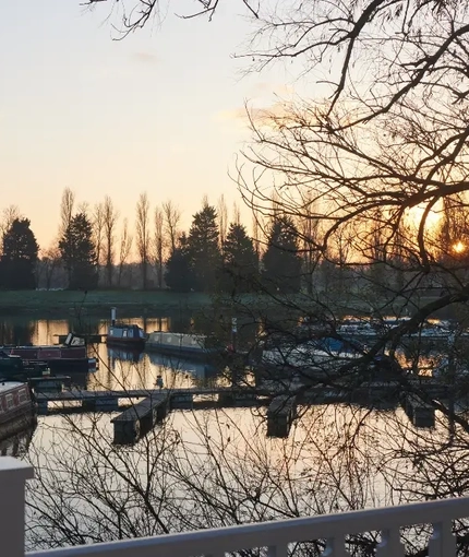 An exterior view from the venue looking out over the canal boats at The Quays.