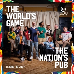 A banner promoting the Football World Cup at selected Greene King and Hungry Horse venues.