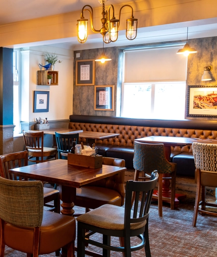 Interior dining area of a pub.