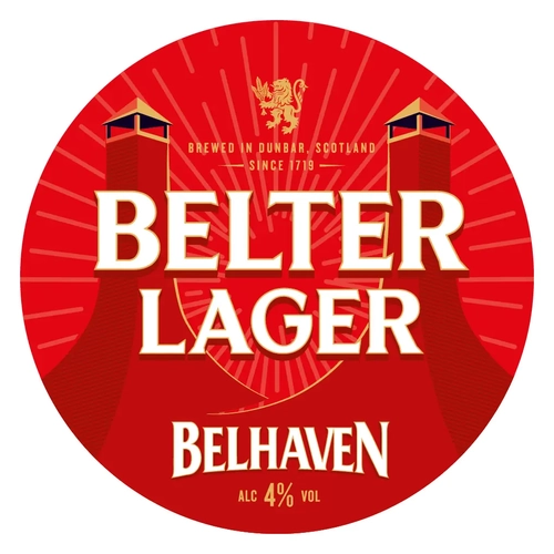 A round Belhaven pump clip for Belter Lager.