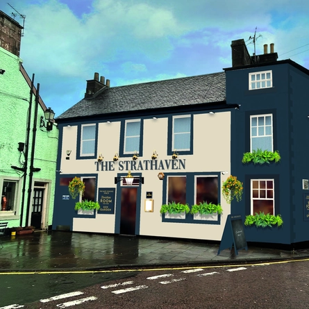 The exterior facade with venue signage and window planters at The Strathaven.