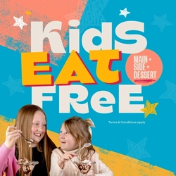 A banner promoting the 'Kids-Eat-Free' promotion at Flaming Grill venues.