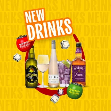 Promotional graphic reading “New Drinks” featuring Kopparberg Mixed Fruit cider, Bijou rosé wine, a purple mixed drink with lime, Jack Daniel’s Tennessee Blackberry whiskey, and BuzzBallz Lime ’Rita and Strawberry ’Rita cocktails, displayed with ice cubes on a yellow background with a red horseshoe graphic. background with a red horseshoe graphic.