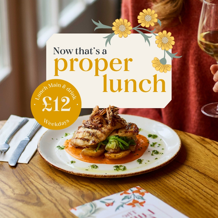 A 768x768 sized Web Homepage Promo banner showing a customer enjoying a plated dish and glass of wine to advertise a Spring Lunch Offer available at Chef & Brewer venues.