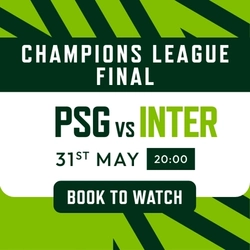 A banner promoting the Champions League Final between PSG V Inter on 31st May 2025.