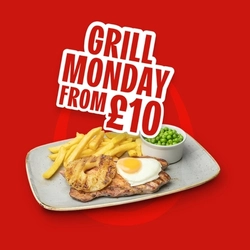 Promotional graphic reading “Grill Monday From £10” above a grilled gammon steak topped with a fried egg and pineapple ring, served with chips and peas on a red background with a horseshoe graphic.
